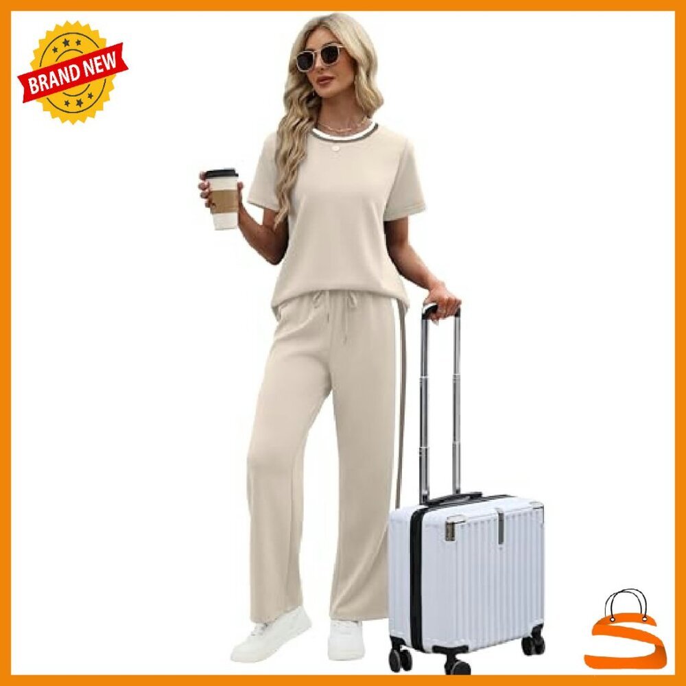 Women's 2-Piece Lounge Set Short Sleeve Top Wide Leg Pants - Picture 4 of 8